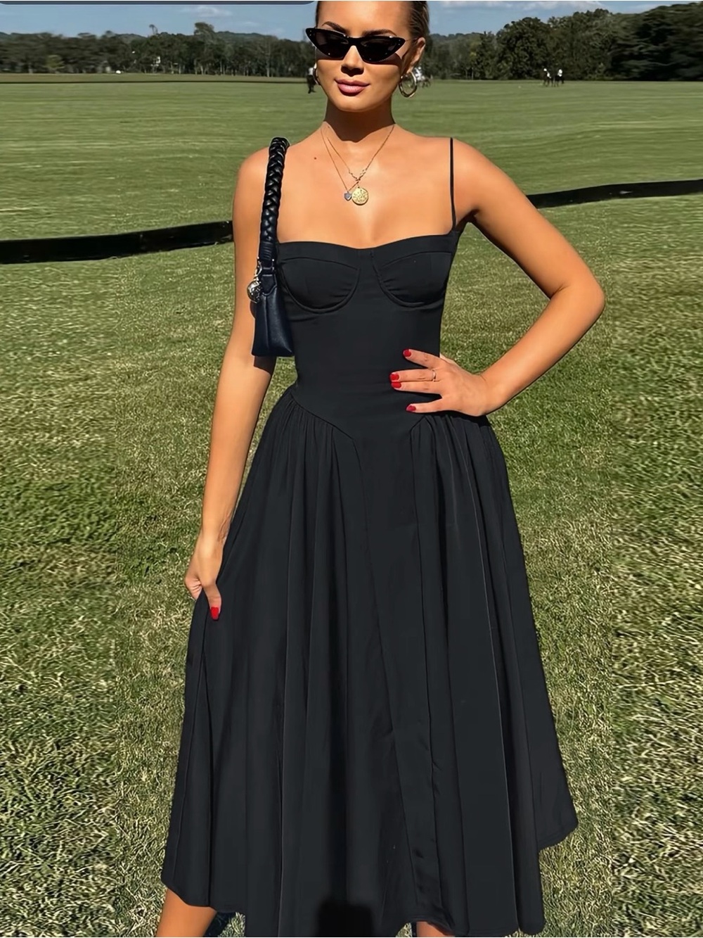 Sleek Black Spaghetti-Strap Midi Dress with Sweetheart Bust